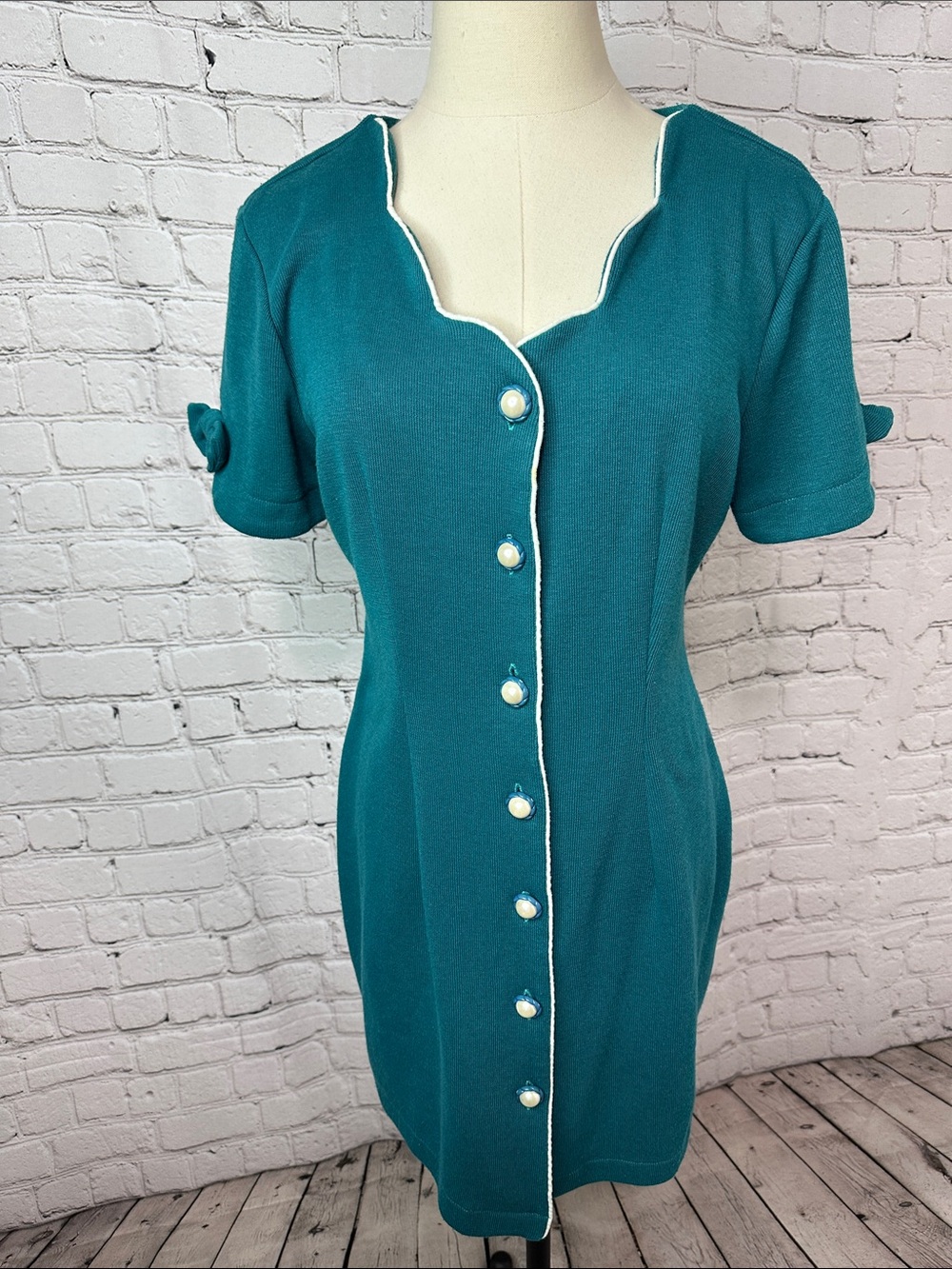 Vintage 90’s Joni Blair Teal Knit Dress Pearl Buttons Bow Sleeves Size 9